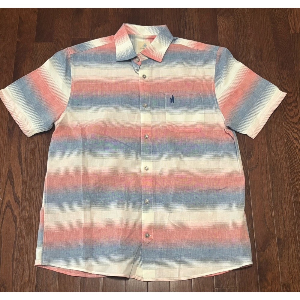 Johnnie-O Shirt M Red White Blue Button Down Linen Blend Short Sleeve EUC